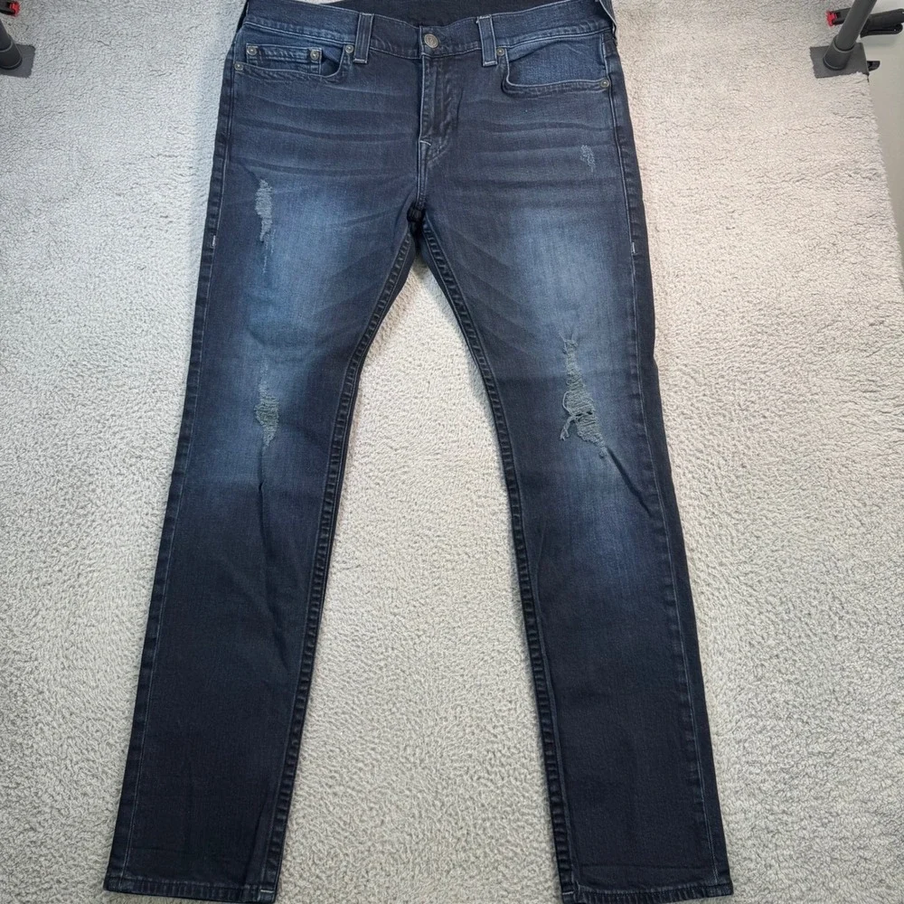 True Religion Rocco Relaxed Skinny Jeans Mens 38 Dark Wash Distressed Denim Blue